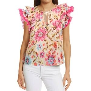 House of Harlow 1960 Zoey Khaki Floral Ruffle Sleeve Peasant Top Boho Size S